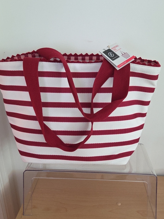 Lifestyle Handbags - Striped Red & White Canvas Reversible Tote Bag - Nautical Style